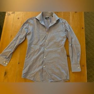 Hugo Boss Sharp Fit Dress Shirt in Small Navy Plaid Pattern. Size 15, 34/35